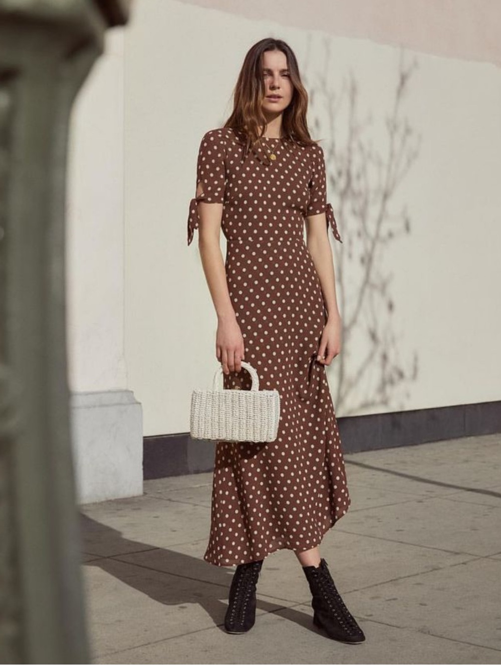 Reformation- Amsterdam Dress Maxi Brown Polka Dot Size 2